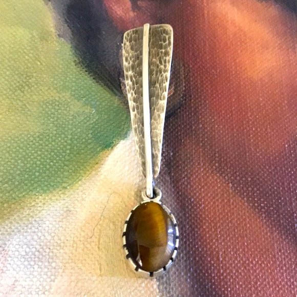 ON HOLD signed sterling and Tigereye MCM earrings, large Boho sleek mod - Picture 2 of 6